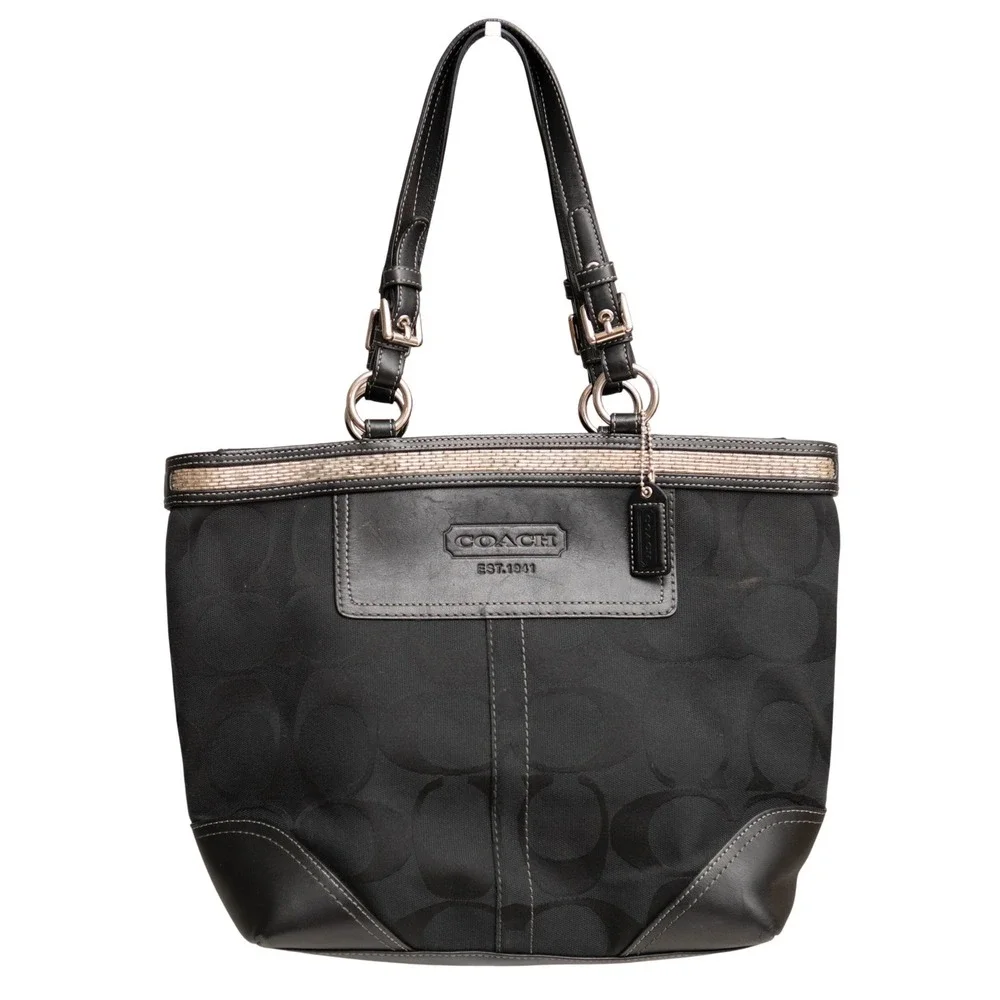 Vintage COACH Monogram Black Canvas Leather Beaded Trim Y2K Black Shoulder Bag